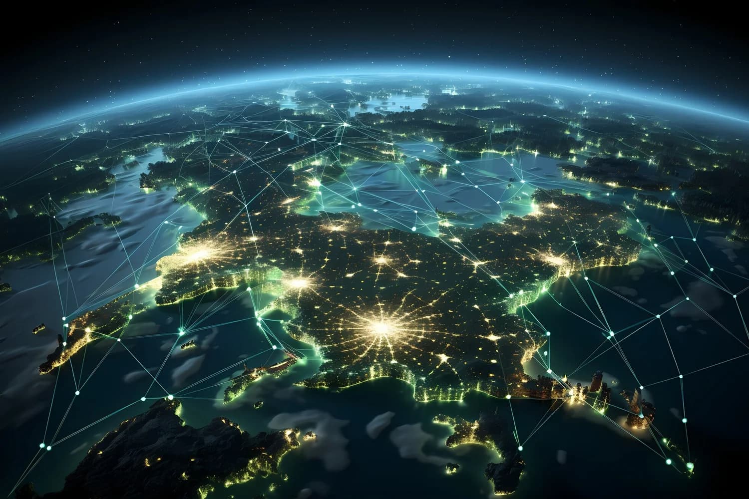 Europe and Scandinavia seen from orbit at night, network connections lit across jurisdictions
